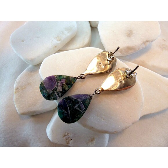 Charoite Azurite Gemstone Sterling Silver Earrings OOAK Handmade Exotic - Picture 3 of 3